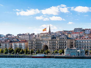 Buildings in city against cloudy sky