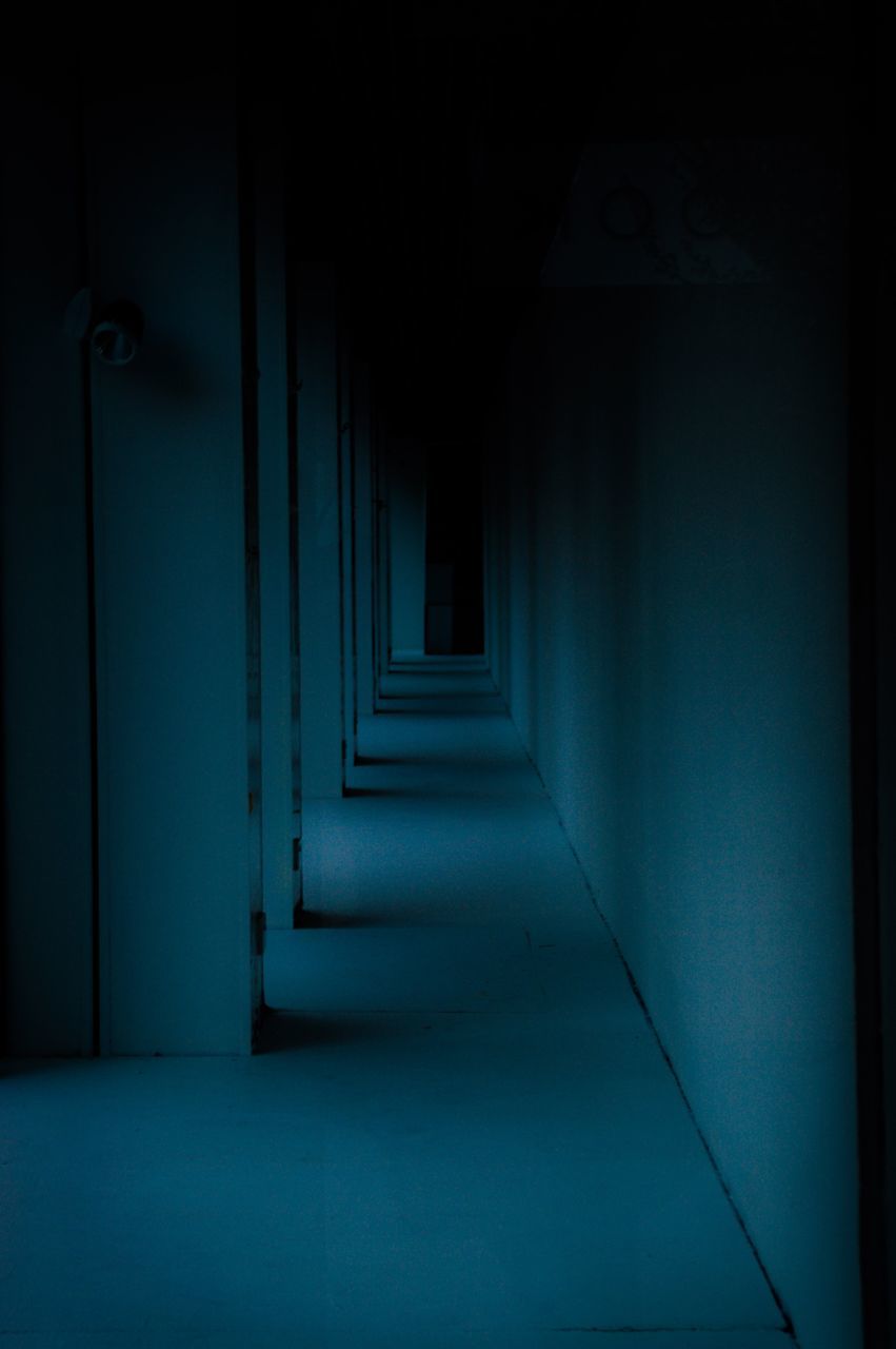 darkness, light, blue, architecture, corridor, arcade, indoors, night, building, no people, dark, entrance, door, built structure, spooky, shadow, white, black, absence, line, lighting, wall - building feature, empty, screenshot, the way forward, green, horror, mystery, diminishing perspective