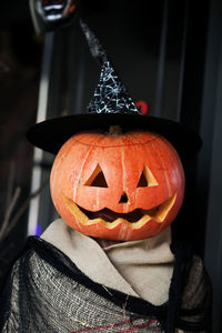 Close-up portrait of illuminated halloween pumpkin