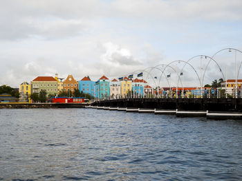 Scenic view of sea by houses against cloudy sky