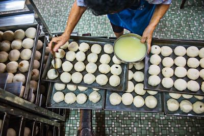 High angle close up of bread making 