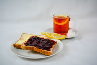 Close-up of breakfast served on table