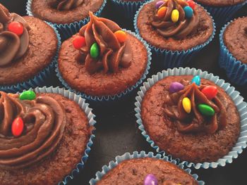 High angle view of cupcakes on table