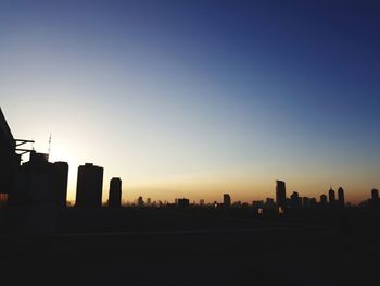 Silhouette of city at sunset