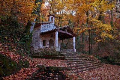 Built structure by trees in forest during autumn