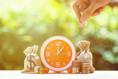 Close-up of a clock on table