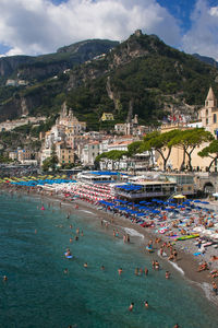 High angle view of city at waterfront