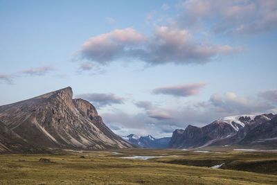 Alpine tundra and glacier capped mountain landscape, baffin island.