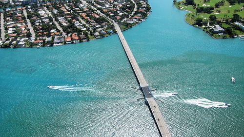 High angle view of boats in sea