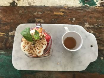 High angle view of breakfast on table