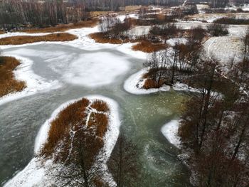 High angle view of river stream during winter