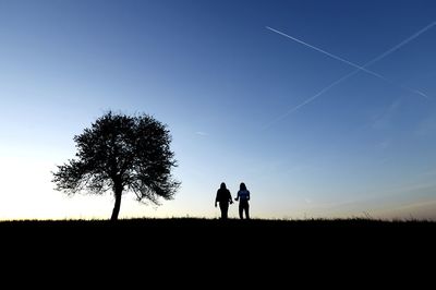 Silhouette people standing on field against sky during sunset