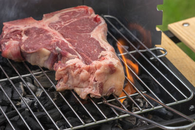 Close-up of meat on barbecue grill