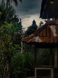 House by palm trees and building against sky