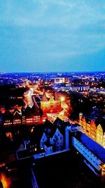 High angle view of town at night