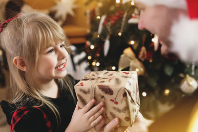 Rear view of women holding christmas tree