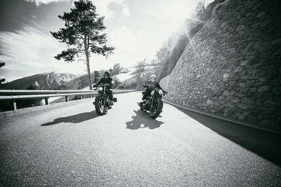 People walking on road by trees against sky