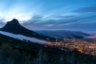 Scenic view of mountains against sky at night