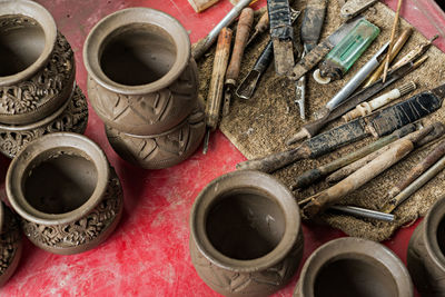 High angle view of tea cups on table