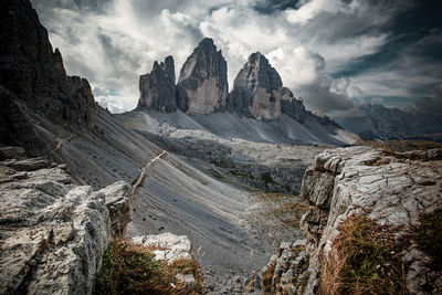 Scenic view of three peaks of lavaredo against sky