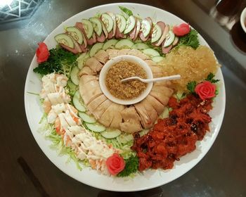 High angle view of serving food in plate