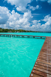 Pier over the wonderful turquoise water in the bacalar lagoon, mexico