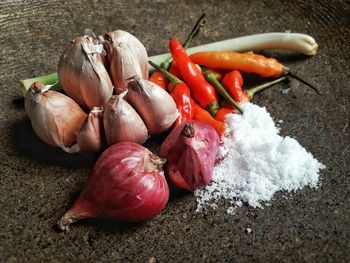 High angle view of red chili peppers