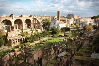 High angle view of old ruins against sky