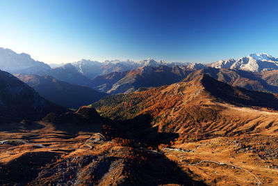 Aerial view of dramatic landscape against clear sky