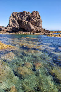 Rock formations in sea against clear blue sky