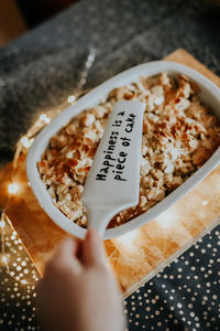 High angle view of apple crumble on table