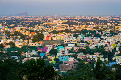 High angle view of townscape against sky