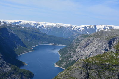 Scenic view of river amidst mountains against clear sky