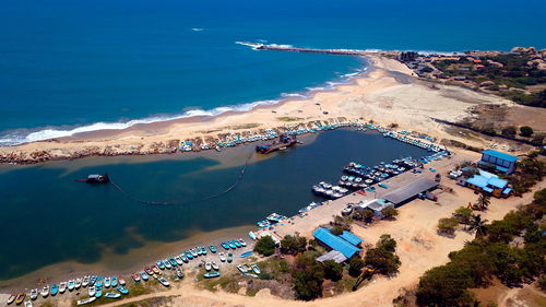 High angle view of boats at beach in sri lanka 