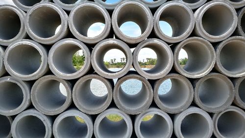 Panoramic view of stacked pipes