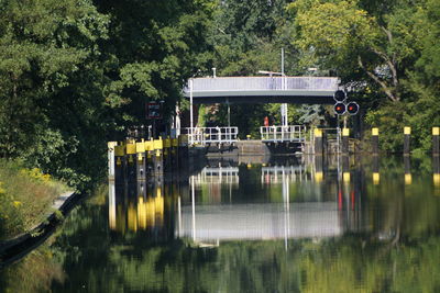 Bridge over lake against trees