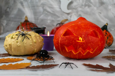 Close-up of jack o lantern on table