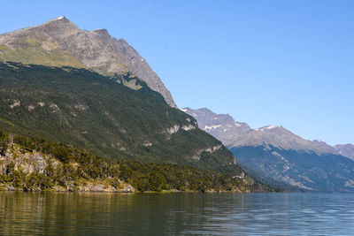 Scenic view of lake and mountains against clear blue sky