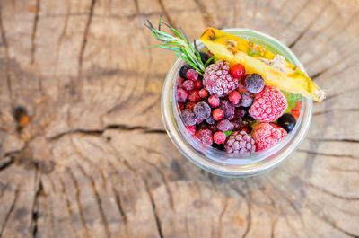 High angle view of fruits in bowl on table