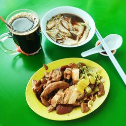 High angle view of breakfast served on table