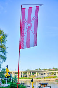 Flag against built structure against blue sky