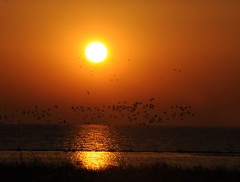 Scenic view of sea against orange sky