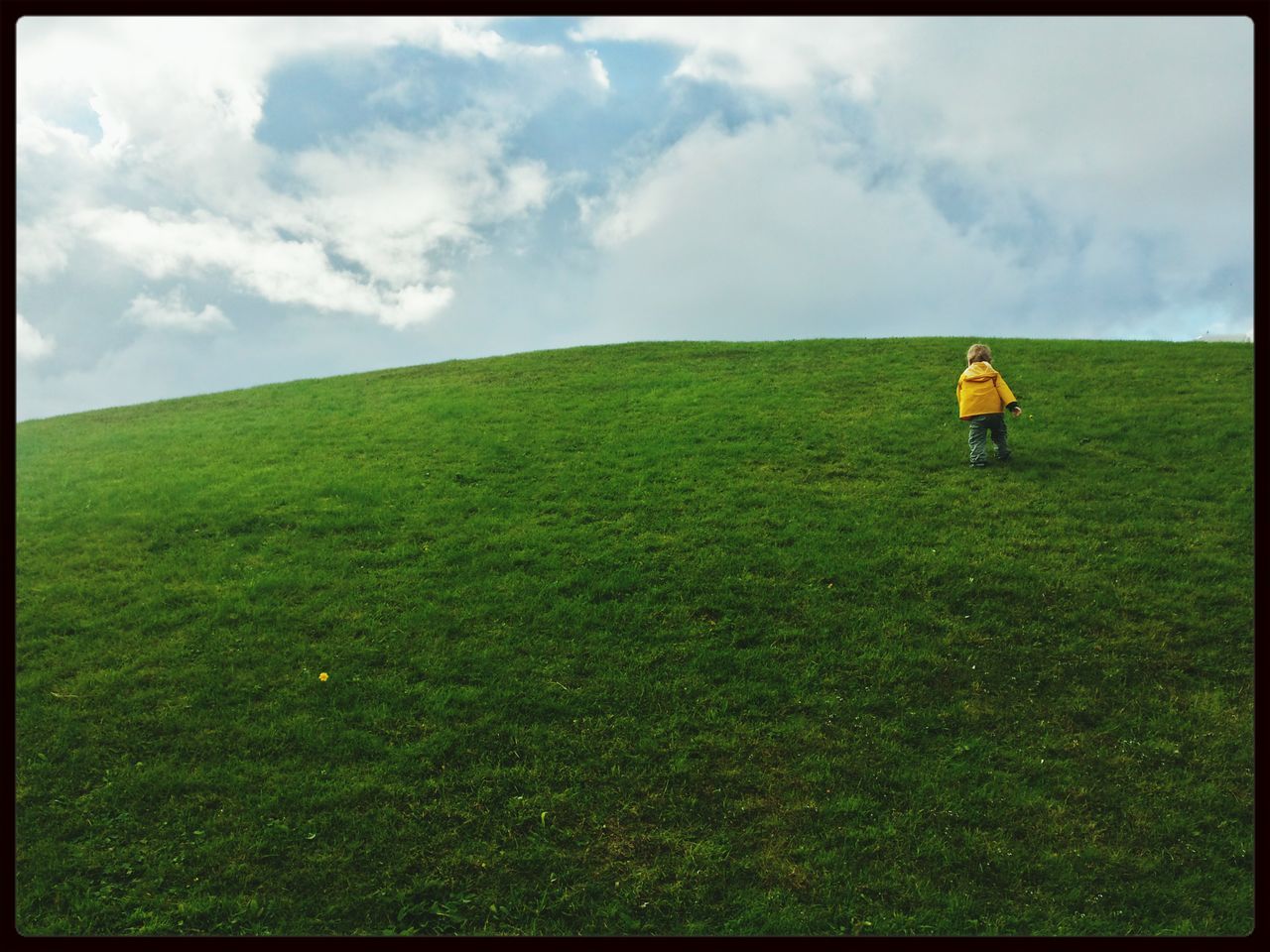 transfer print, grass, sky, auto post production filter, green color, field, lifestyles, landscape, cloud - sky, leisure activity, grassy, full length, men, cloud, standing, tranquil scene, tranquility, casual clothing