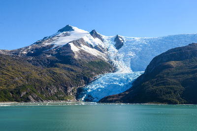 Scenic view of sea and snowcapped mountains against sky