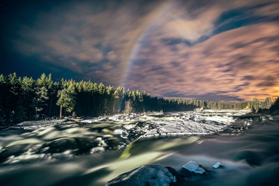 Scenic view of waterfall against sky