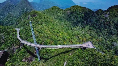 High angle view of trees in mountains against sky