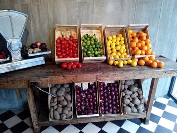 Vegetables and fruits for sale at market stall