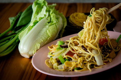 High angle view of salad in plate on table