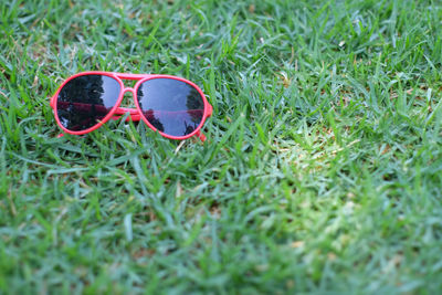 High angle view of sunglasses on grass