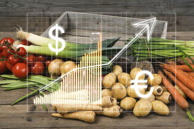 Financial chart and heap of vegetables